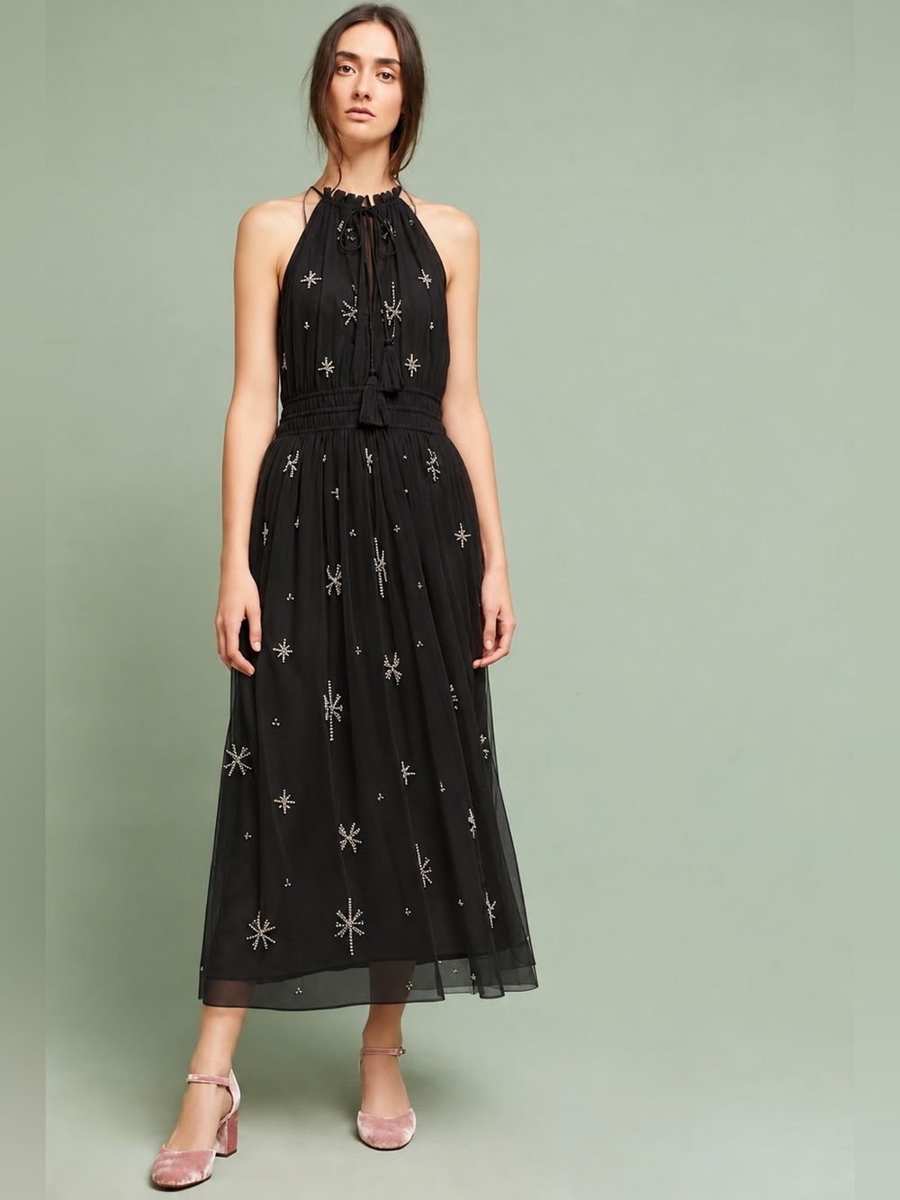 NWT Chan Luu Amiens Sheer Beaded Halter Maxi Dress size M
